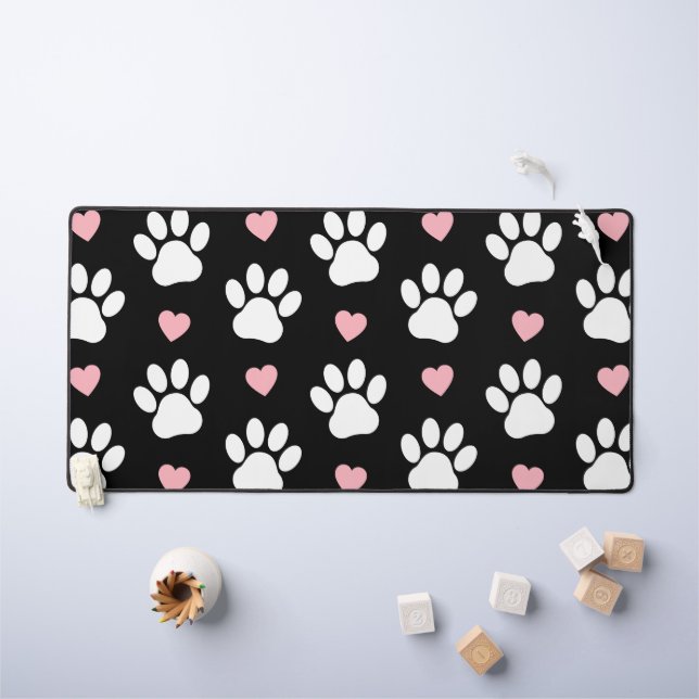 Pattern Of Paws, Dog Paws, White Paws, Pink Hearts Desk Mat (Kids Table)