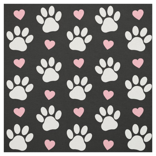 Pattern Of Paws, Dog Paws, White Paws, Pink Hearts Fabric (Swatch)