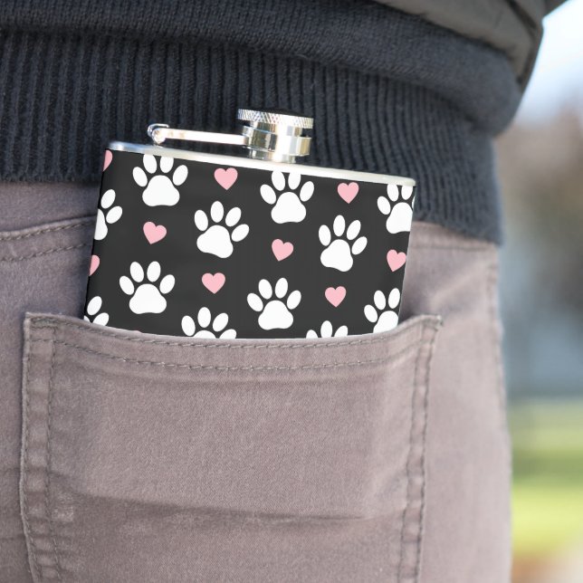 Pattern Of Paws, Dog Paws, White Paws, Pink Hearts Hip Flask (In Situ)