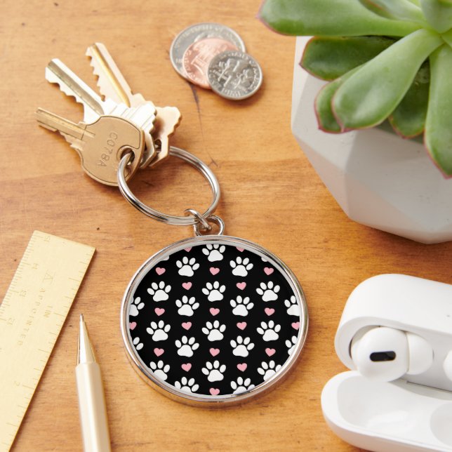 Pattern Of Paws, Dog Paws, White Paws, Pink Hearts Key Ring (Desk)