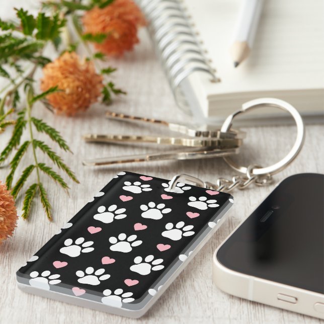 Pattern Of Paws, Dog Paws, White Paws, Pink Hearts Key Ring (Front Right)