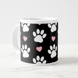 Pattern Of Paws, Dog Paws, White Paws, Pink Hearts Large Coffee Mug