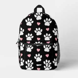 Pattern Of Paws, Dog Paws, White Paws, Pink Hearts Printed Backpack