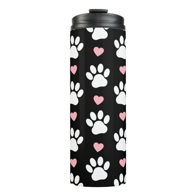 Pattern Of Paws, Dog Paws, White Paws, Pink Hearts Thermal Tumbler (Front)