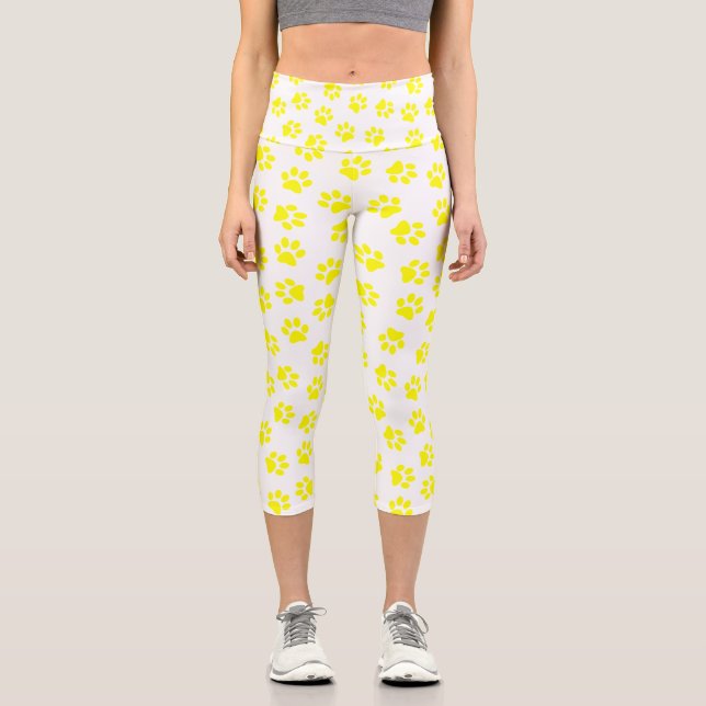 Pattern Of Paws, Dog Paws, Yellow Paws Capri Leggings (Front)