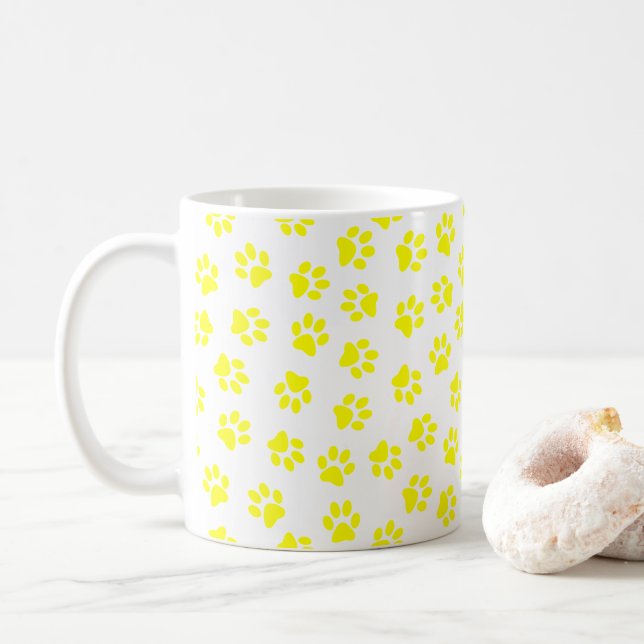 Pattern Of Paws, Dog Paws, Yellow Paws Coffee Mug (With Donut)