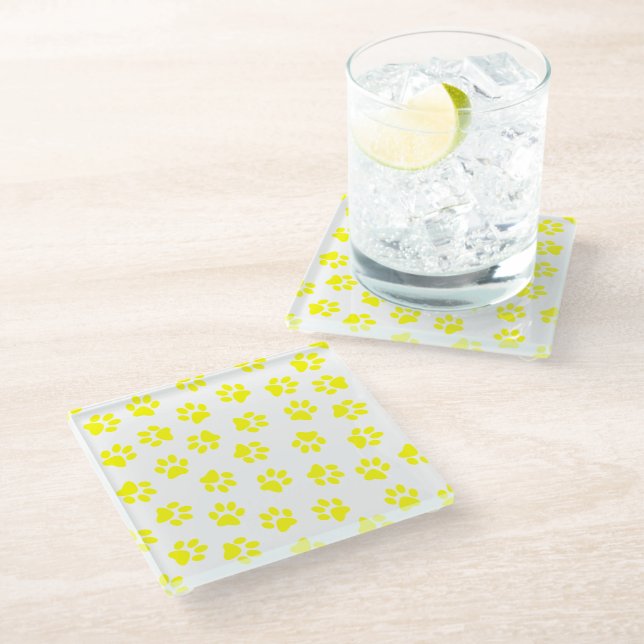 Pattern Of Paws, Dog Paws, Yellow Paws Glass Coaster (Angled)