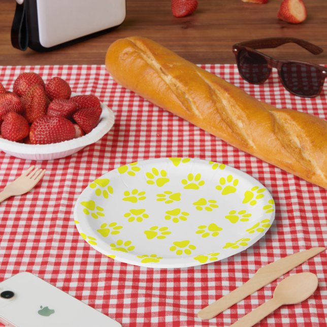 Pattern Of Paws, Dog Paws, Yellow Paws Paper Plate (Picnic)