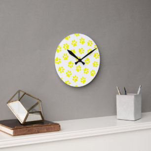 Pattern Of Paws, Dog Paws, Yellow Paws Round Clock