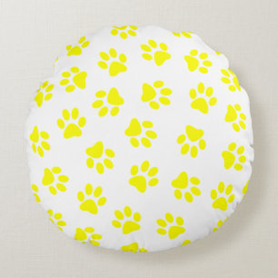 Pattern Of Paws, Dog Paws, Yellow Paws Round Cushion