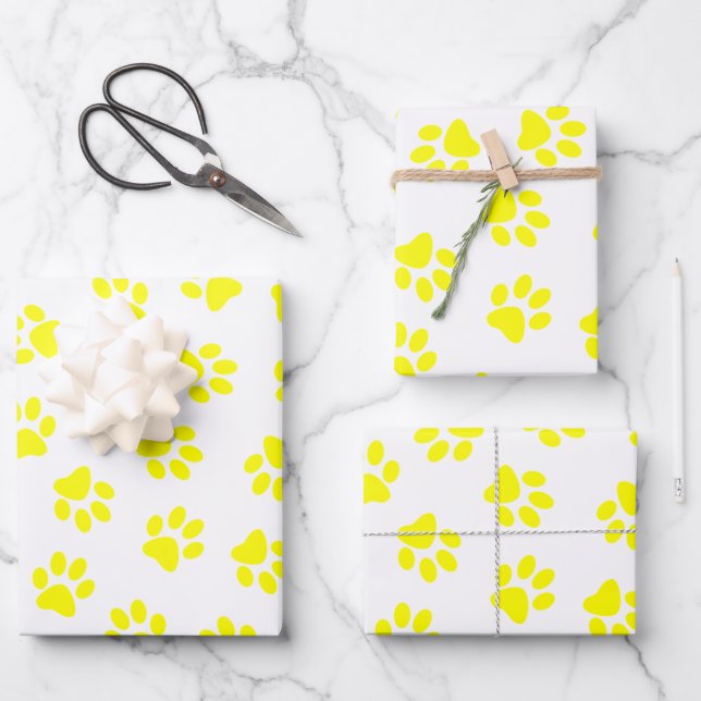 Pattern Of Paws, Dog Paws, Yellow Paws Wrapping Paper Sheet (Front)