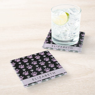 Pattern Of Paws, Lilac Paws, Dog Paws, Your Name Glass Coaster