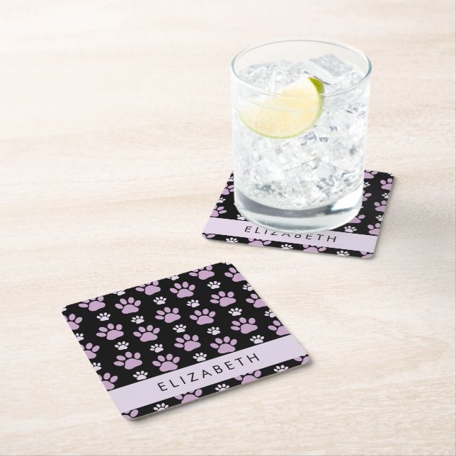 Pattern Of Paws, Lilac Paws, Dog Paws, Your Name Square Paper Coaster (Insitu)