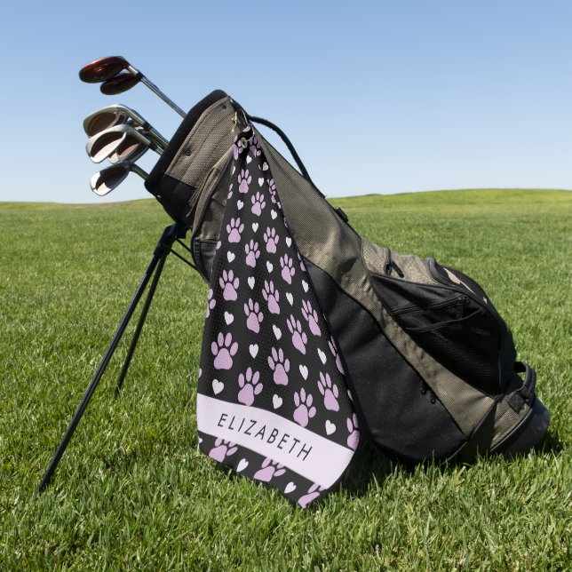 Pattern Of Paws, Lilac Paws, Hearts, Your Name Golf Towel (Green)
