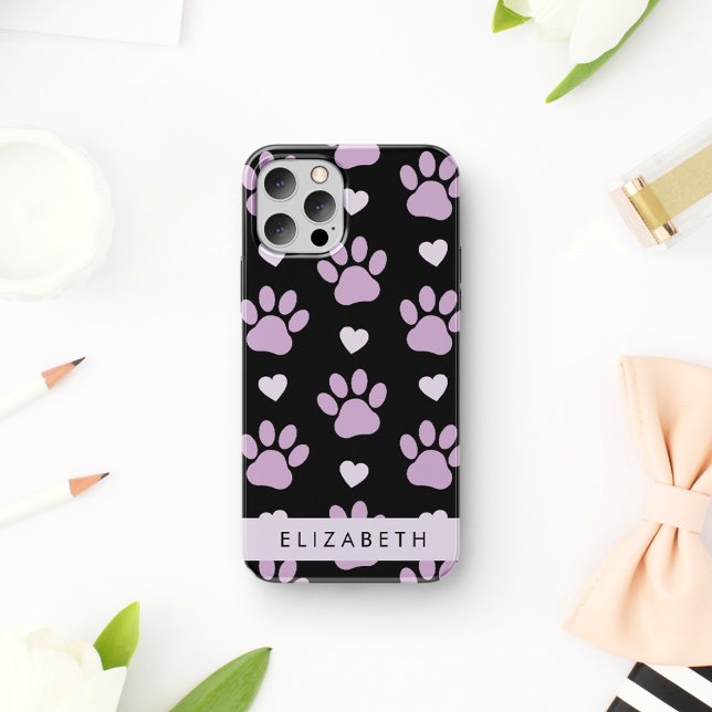 Pattern Of Paws, Lilac Paws, Hearts, Your Name iPhone 16 Case (Creator Uploaded)
