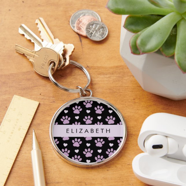 Pattern Of Paws, Lilac Paws, Hearts, Your Name Key Ring (Desk)