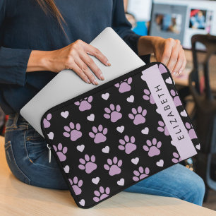 Pattern Of Paws, Lilac Paws, Hearts, Your Name Laptop Sleeve