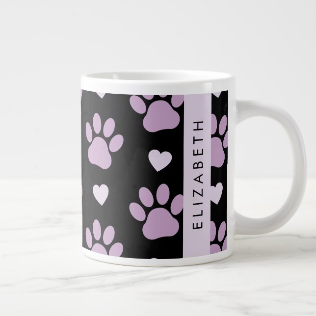 Pattern Of Paws, Lilac Paws, Hearts, Your Name Large Coffee Mug (Right)