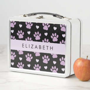 Pattern Of Paws, Lilac Paws, Hearts, Your Name Metal Lunch Box