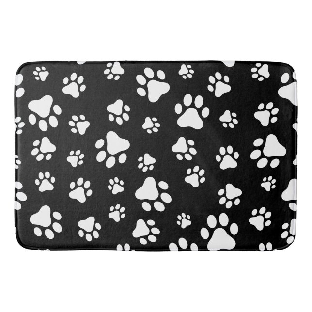 Pattern Of Paws, Paw Prints, Black and White Bath Mat (Front)