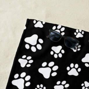 Pattern Of Paws, Paw Prints, Black and White Beach Towel