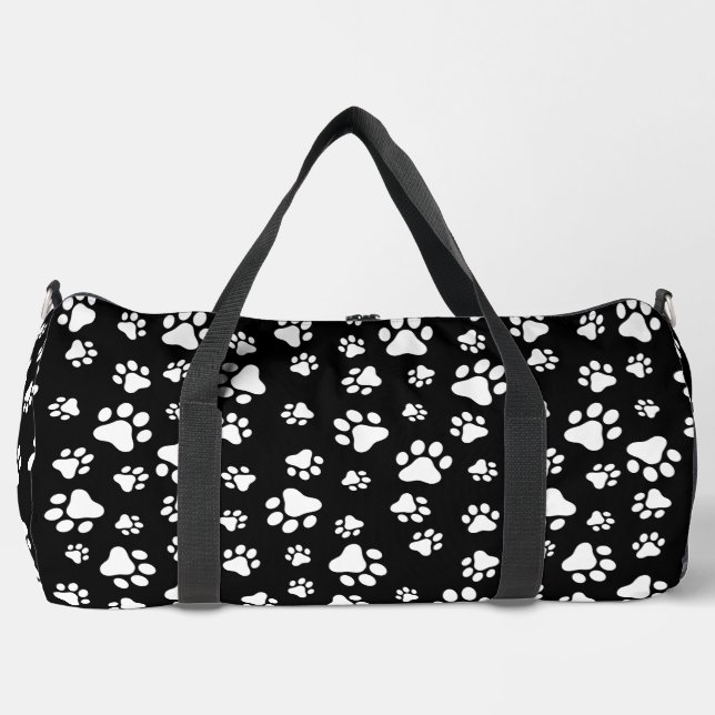 Pattern Of Paws, Paw Prints, Black and White Duffle Bag (Front)