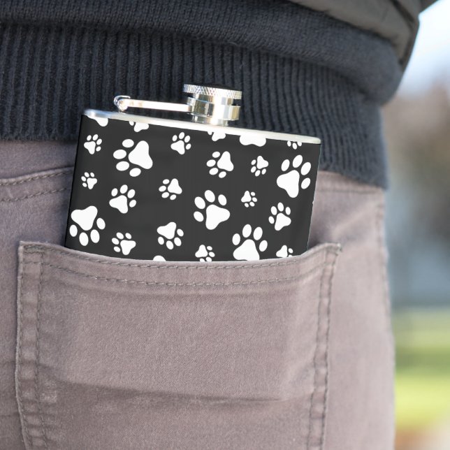 Pattern Of Paws, Paw Prints, Black and White Hip Flask (In Situ)