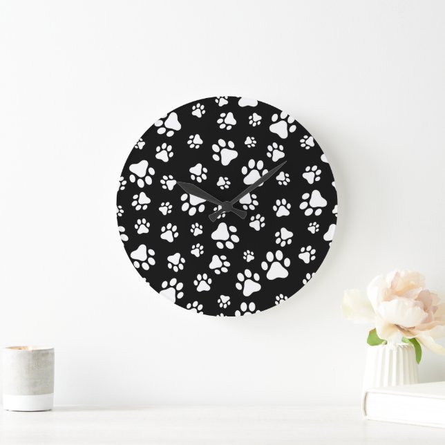 Pattern Of Paws, Paw Prints, Black and White Large Clock (Home)