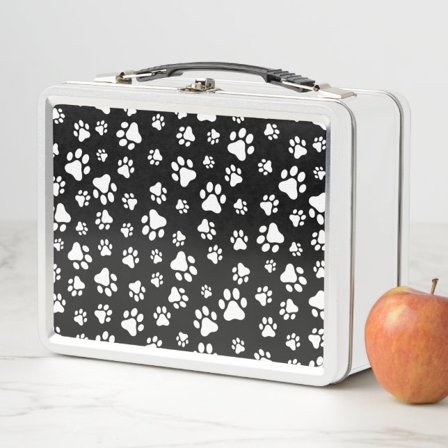 Pattern Of Paws, Paw Prints, Black and White Metal Lunch Box (In Situ)