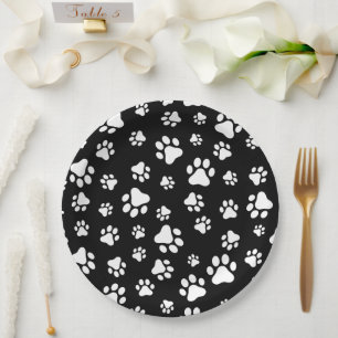 Pattern Of Paws, Paw Prints, Black and White Paper Plate