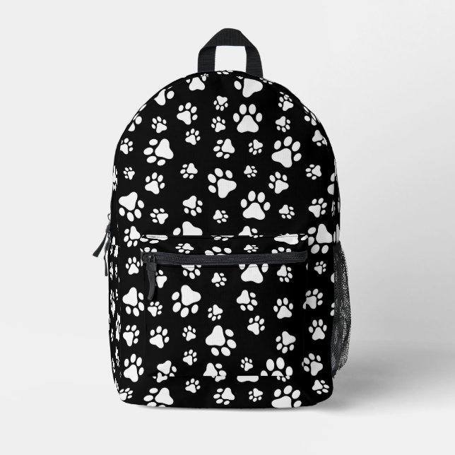 Pattern Of Paws, Paw Prints, Black and White Printed Backpack (Front)