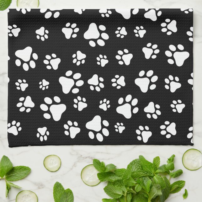 Pattern Of Paws, Paw Prints, Black and White Tea Towel (Folded)