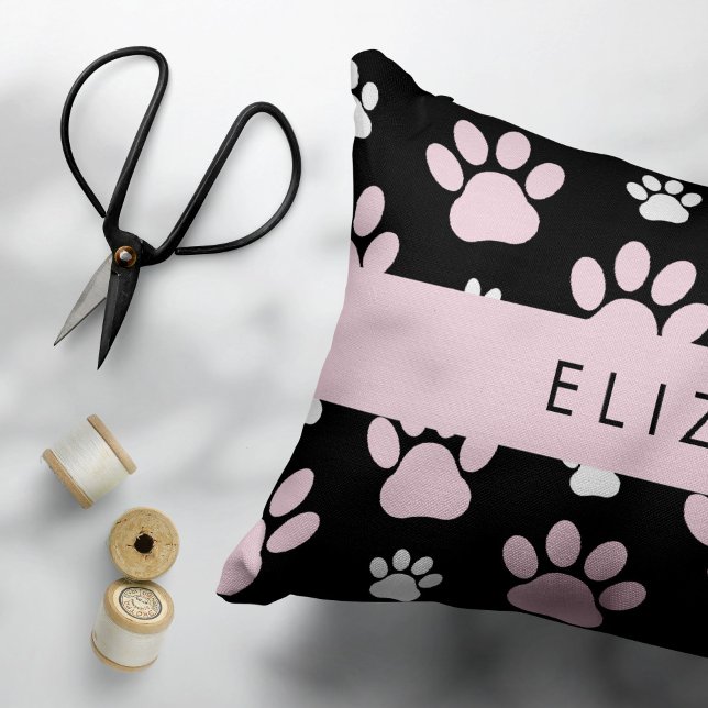 Pattern Of Paws, Pink Paws, Dog Paws, Your Name Decorative Cushion (Creator Uploaded)