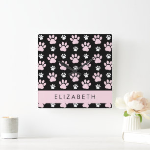 Pattern Of Paws, Pink Paws, Dog Paws, Your Name Square Wall Clock