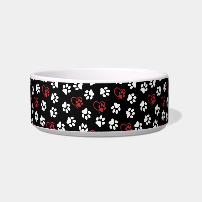Pattern Of Paws, White Paws, Red Paws, Hearts Bowl (Front)