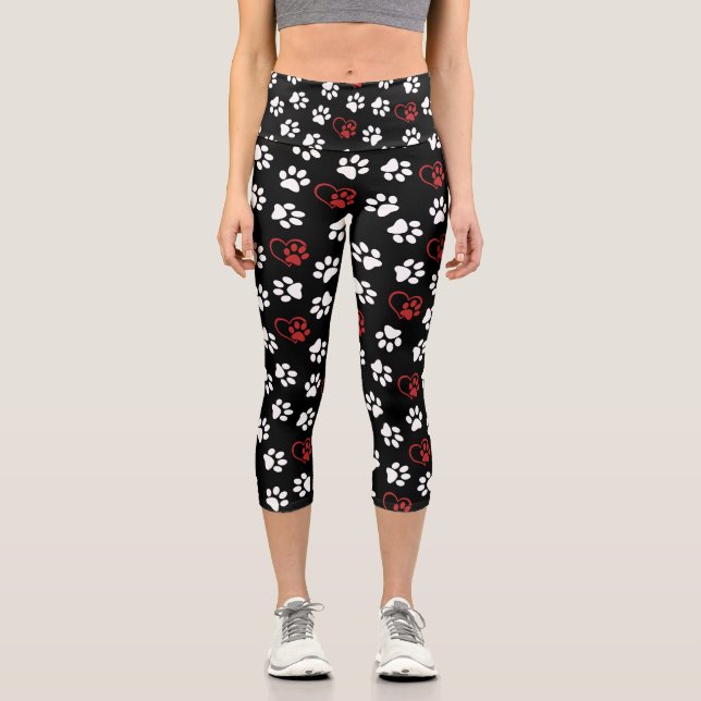 Pattern Of Paws, White Paws, Red Paws, Hearts Capri Leggings (Front)