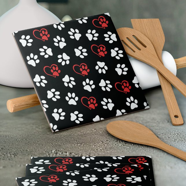 Pattern Of Paws, White Paws, Red Paws, Hearts Ceramic Tile (Creator Uploaded)