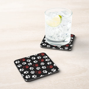 Pattern Of Paws, White Paws, Red Paws, Hearts Coaster