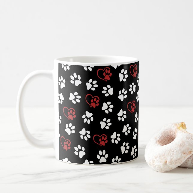 Pattern Of Paws, White Paws, Red Paws, Hearts Coffee Mug (With Donut)