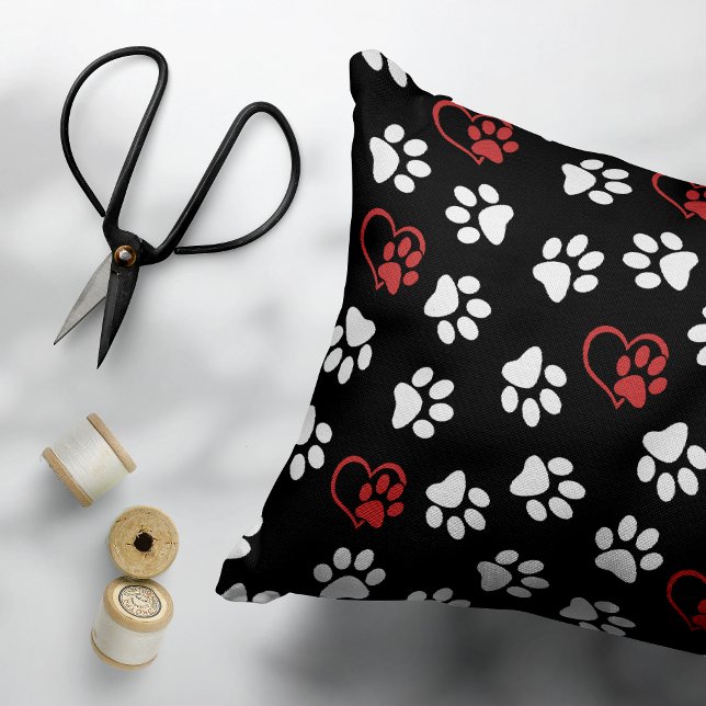 Pattern Of Paws, White Paws, Red Paws, Hearts Decorative Cushion (Creator Uploaded)