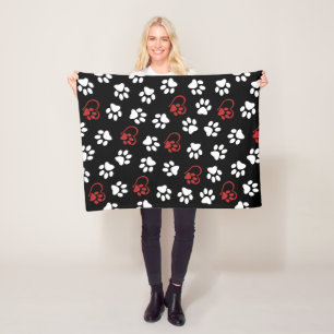 Pattern Of Paws, White Paws, Red Paws, Hearts Fleece Blanket