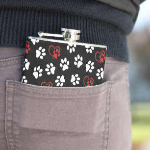 Pattern Of Paws, White Paws, Red Paws, Hearts Hip Flask