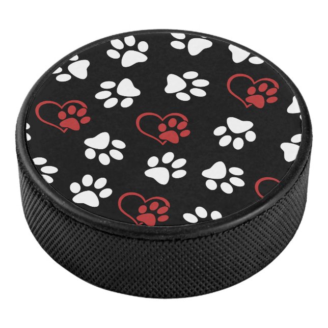 Pattern Of Paws, White Paws, Red Paws, Hearts Hockey Puck (3/4)