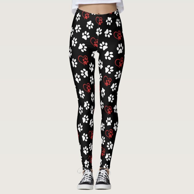 Pattern Of Paws, White Paws, Red Paws, Hearts Leggings (Front)