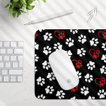 Pattern Of Paws, White Paws, Red Paws, Hearts Mouse Pad<br><div class="desc">Cute,  fun and adorable pattern with white paws and red and hearts on black background. Modern and trendy gift,  perfect for the dog lover in your life.</div>