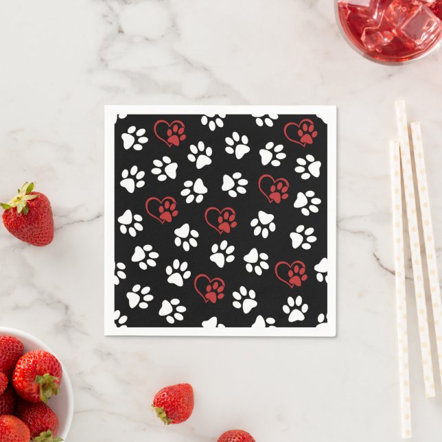 Pattern Of Paws, White Paws, Red Paws, Hearts Napkin (Insitu)