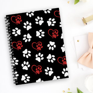 Pattern Of Paws, White Paws, Red Paws, Hearts Notebook