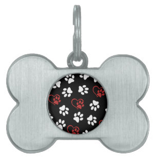 Pattern Of Paws, White Paws, Red Paws, Hearts Pet ID Tag