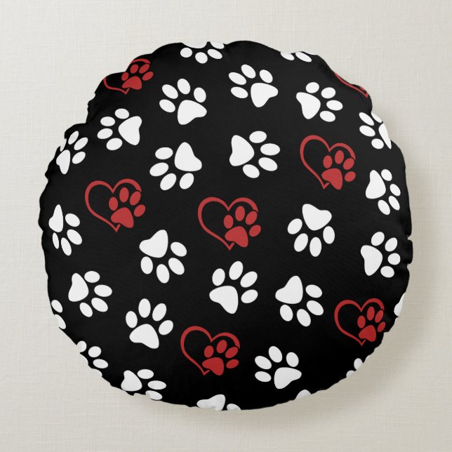 Pattern Of Paws, White Paws, Red Paws, Hearts Round Cushion (Front)