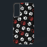 Pattern Of Paws, White Paws, Red Paws, Hearts Samsung Galaxy Case<br><div class="desc">Cute,  fun and adorable pattern with white paws and red and hearts on black background. Modern and trendy gift,  perfect for the dog lover in your life.</div>